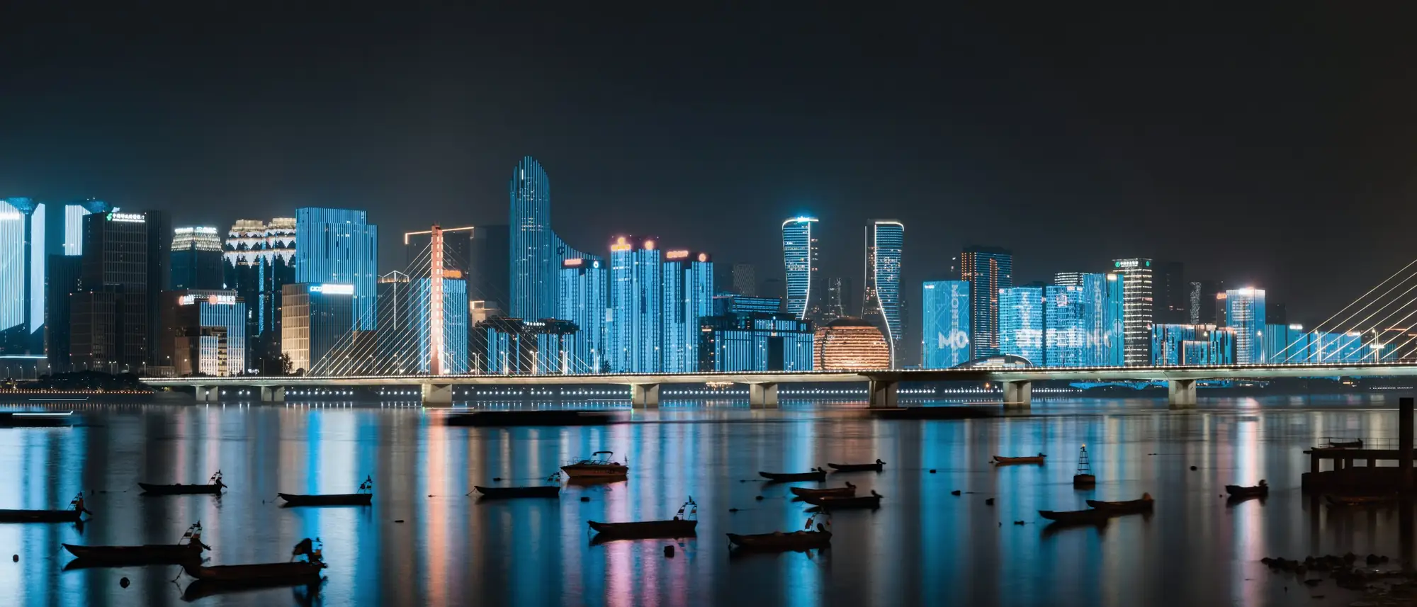 杭州钱塘江畔的夜景天际线